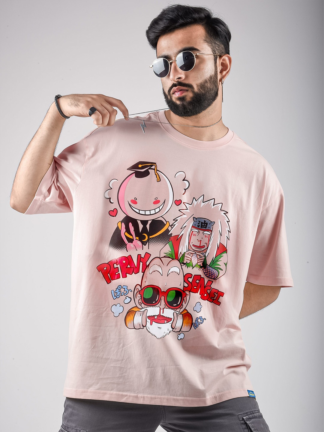 

COMICSENSE Pervy Sensei Anime Printed Cotton Oversized Tshirt, Pink