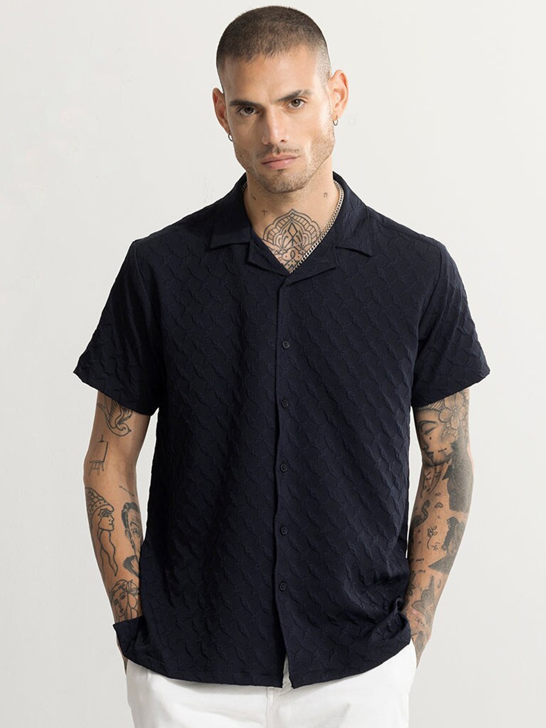 

Snitch Navy Blue Classic Boxy Textured Cuban Collar Casual Shirt