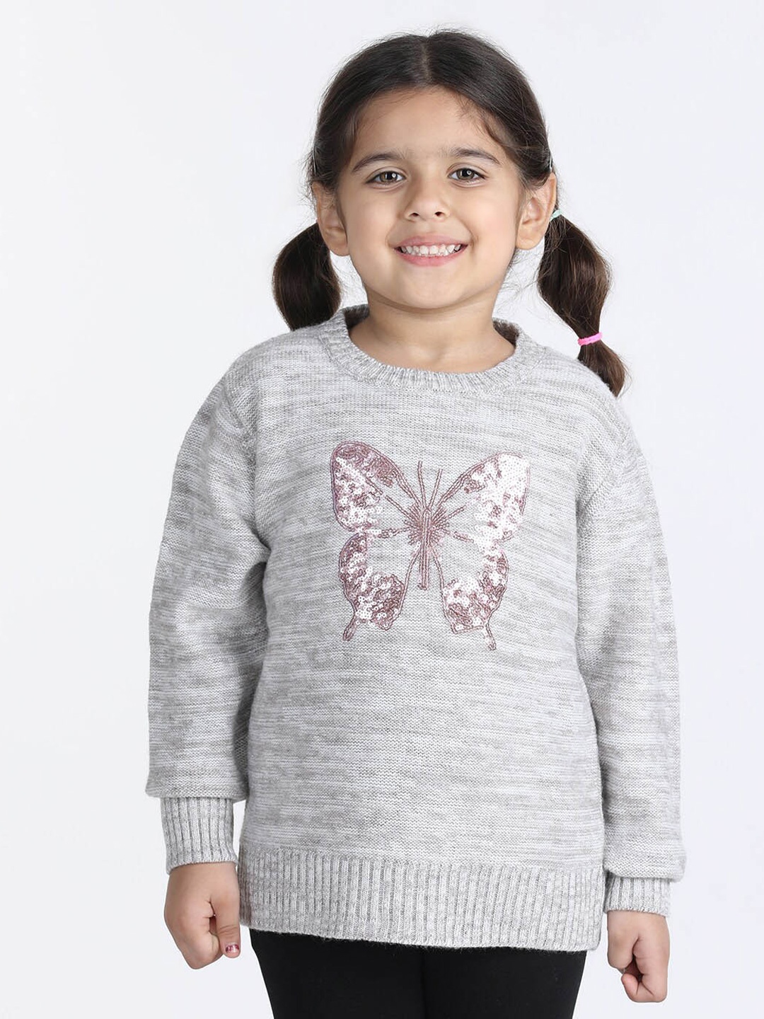 

Wingsfield Girls Embroidered Sequinned Acrylic Pullover Sweater With Sequinned Detail, Grey