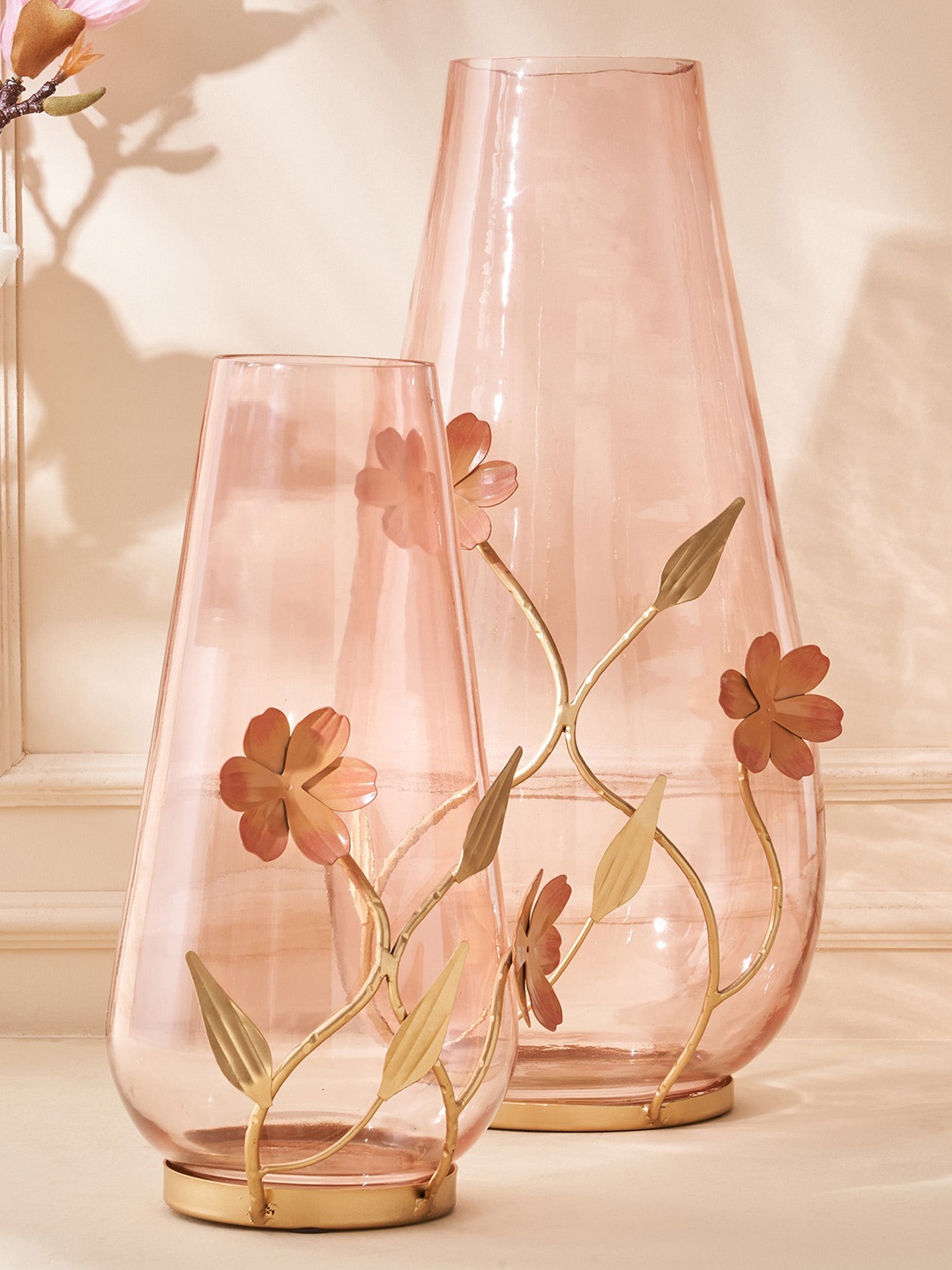 Home Centre Pink & Beige Self-Design Floral Decorative Vase