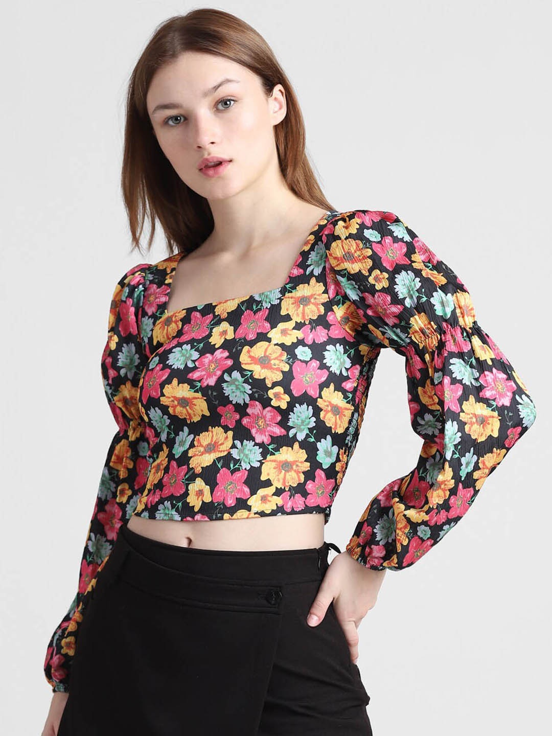 

ONLY Floral Print Puff Sleeve Cotton Wrap Crop Top, Black