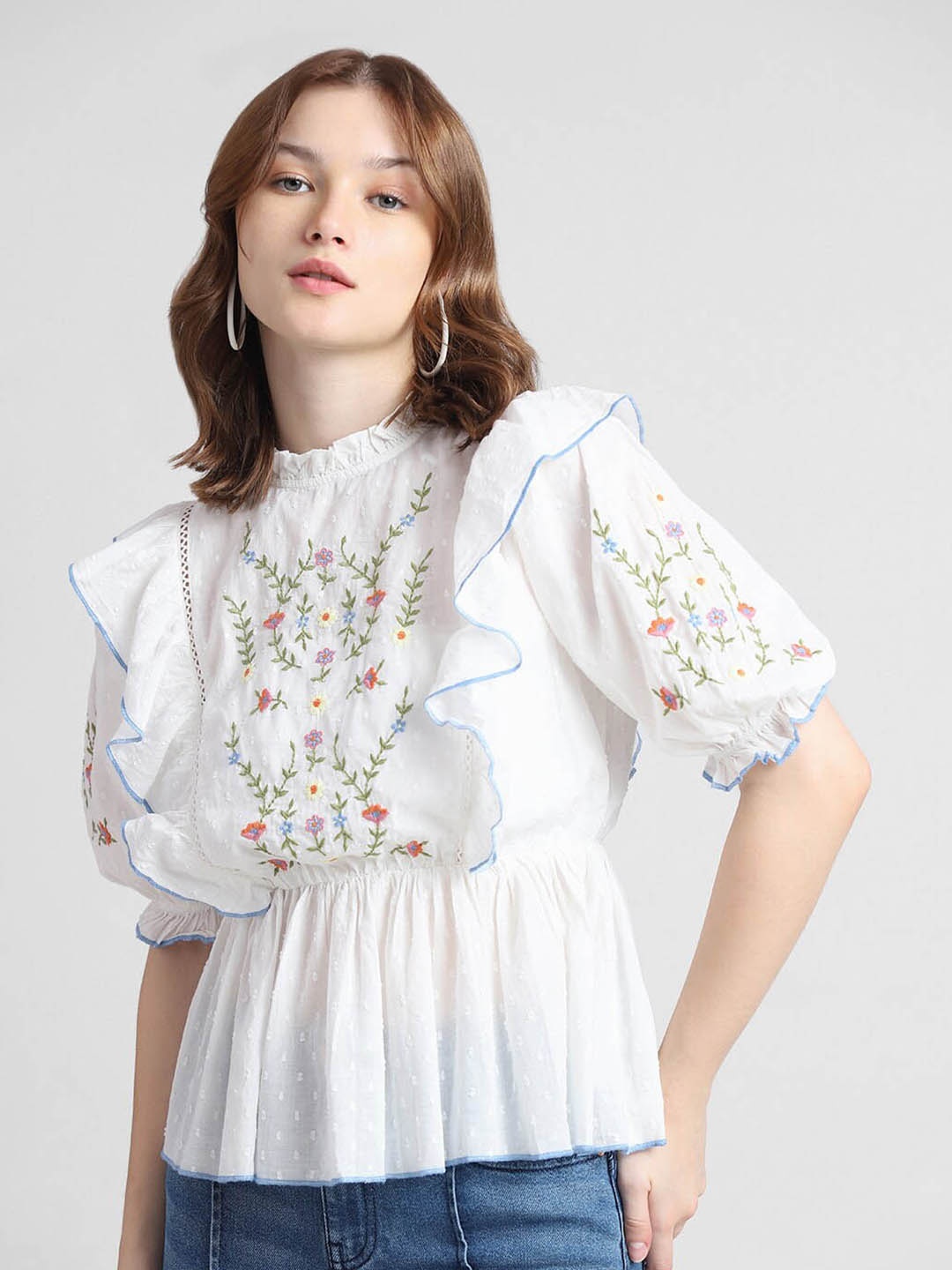 

ONLY Onldmineral Floral Embroidered Puff Sleeves Peplum Top, White