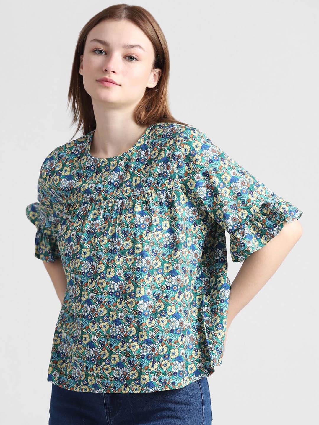 

ONLY Onldbourton Floral Printed Bell Sleeves Pure Cotton Top, Green