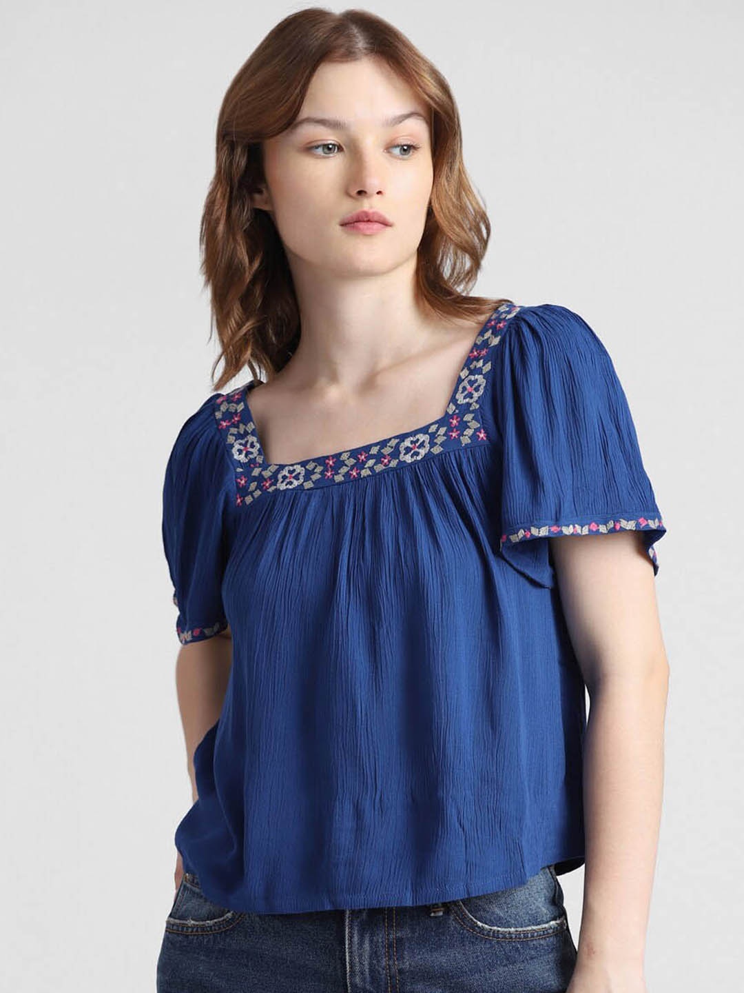 

ONLY Square Neck Flared Sleeve Top, Blue