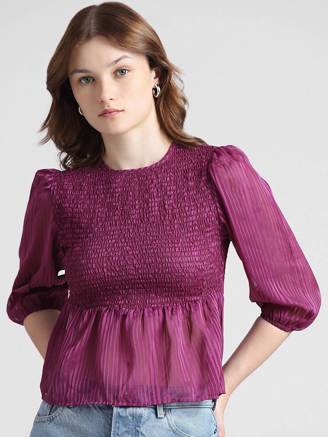 

ONLY Puff Sleeve Peplum Top, Purple