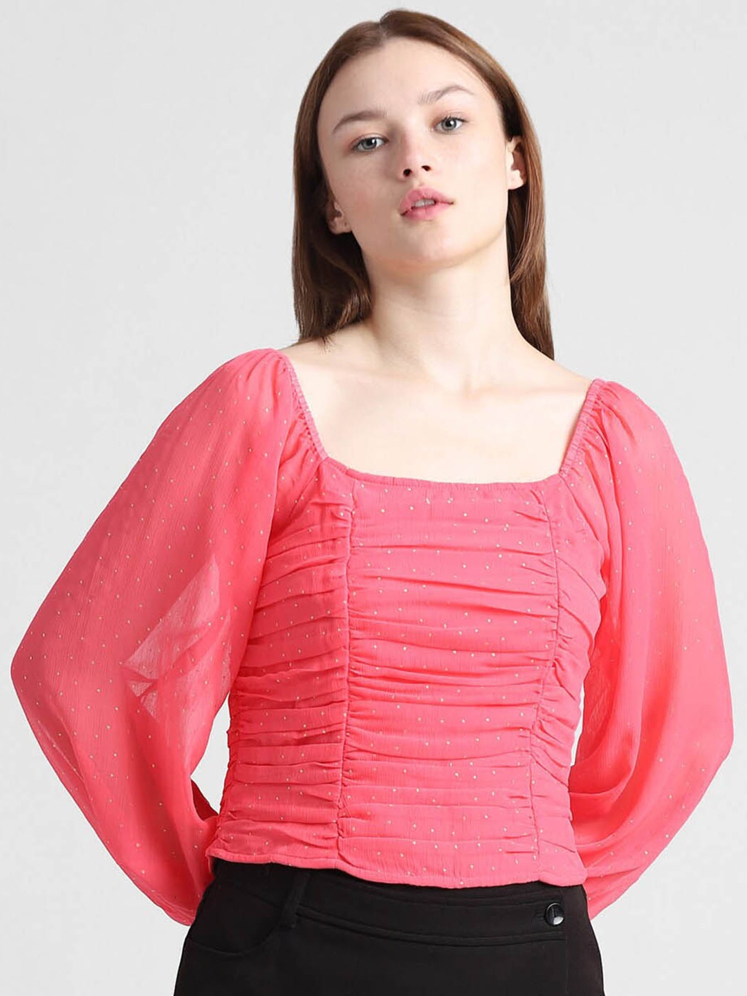 

ONLY Self Design Square Neck Top, Pink