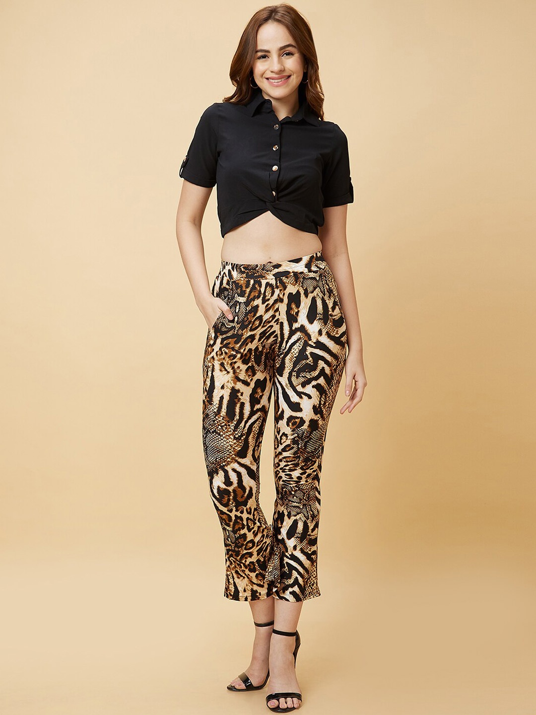 

Globus Casual Co-Ord Set With Solid Twisted Crop Top & Animal Print Trouser, Black