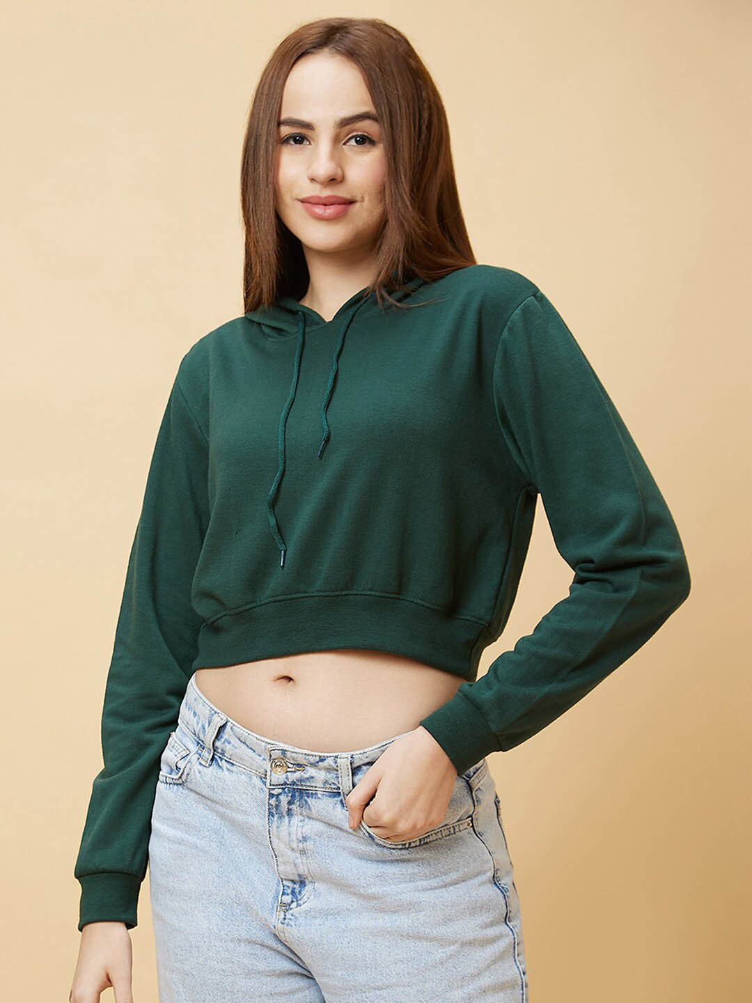

Globus Green Hooded Pure Cotton Crop Pullover Sweatshirt