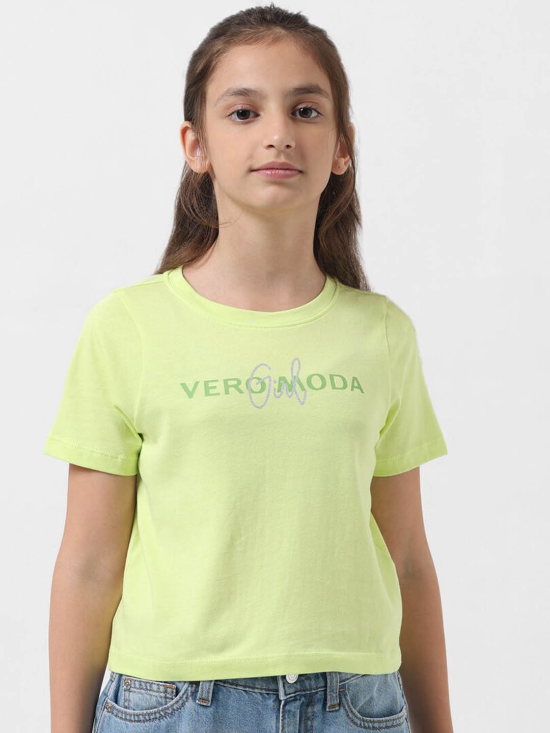 

Vero Moda Girls Brand Logo Printed Cotton T Shirt, Green