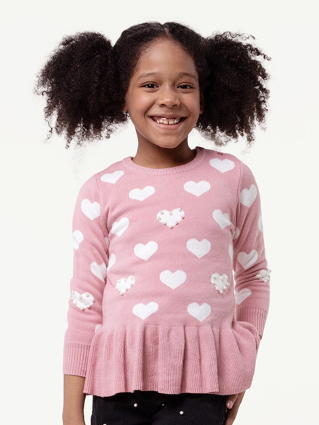 

One Friday Girls Self Design Pure Cotton Pullover With Embellished Detail, Pink