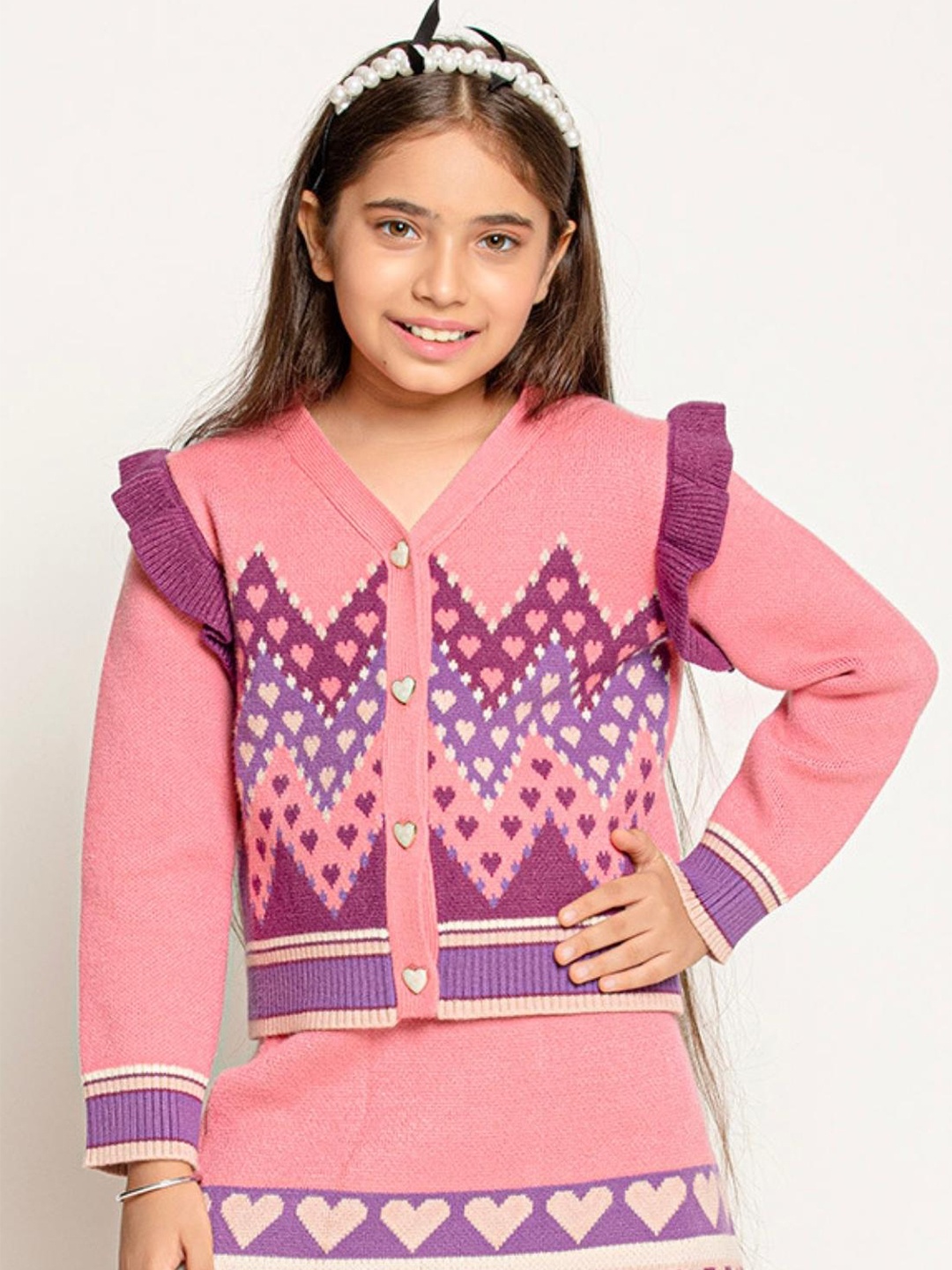 

One Friday Girls Self Design Cardigan, Pink