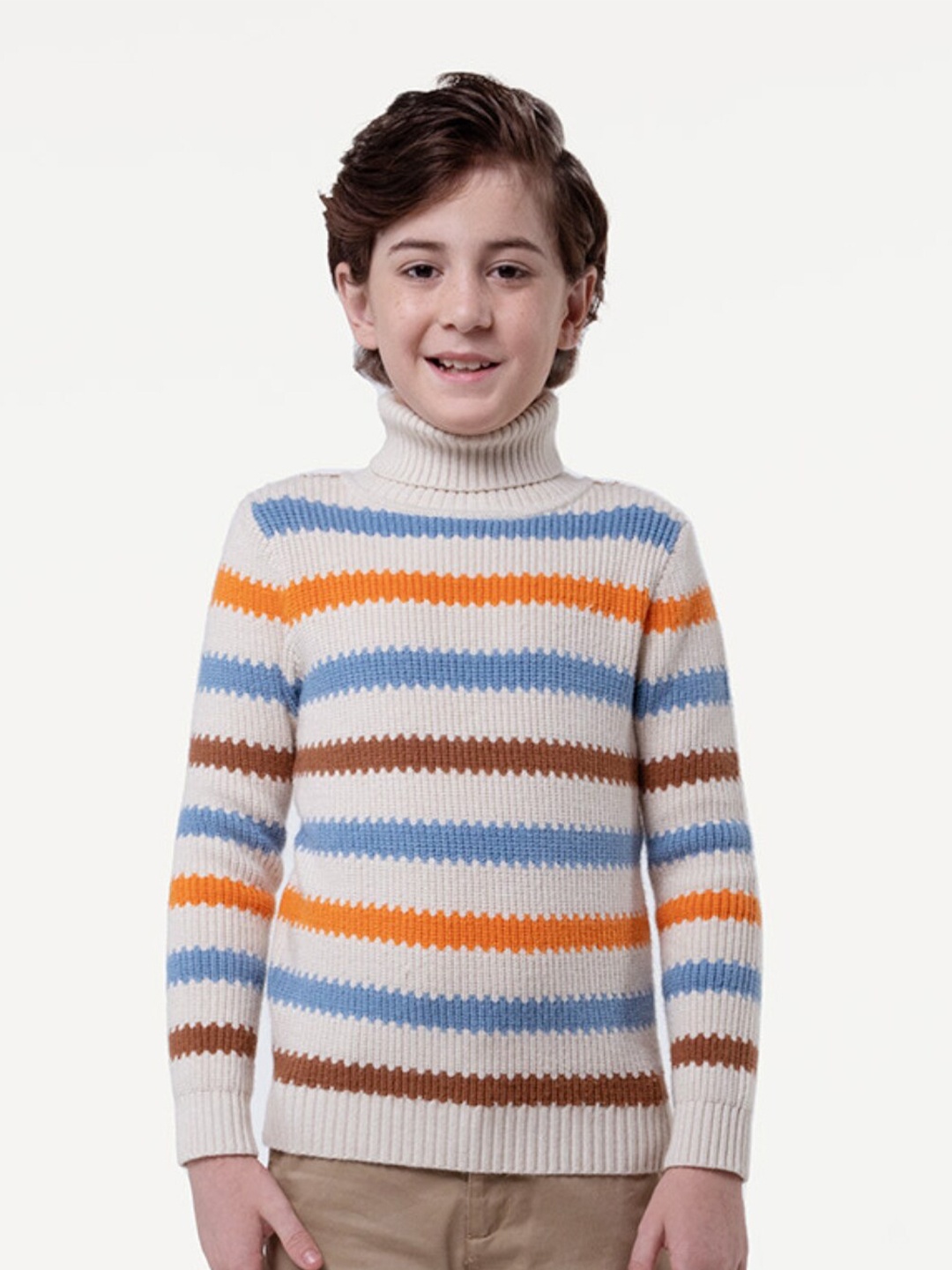 

One Friday Boys Striped Turtle Neck Long Sleeves Pullover Sweater, White