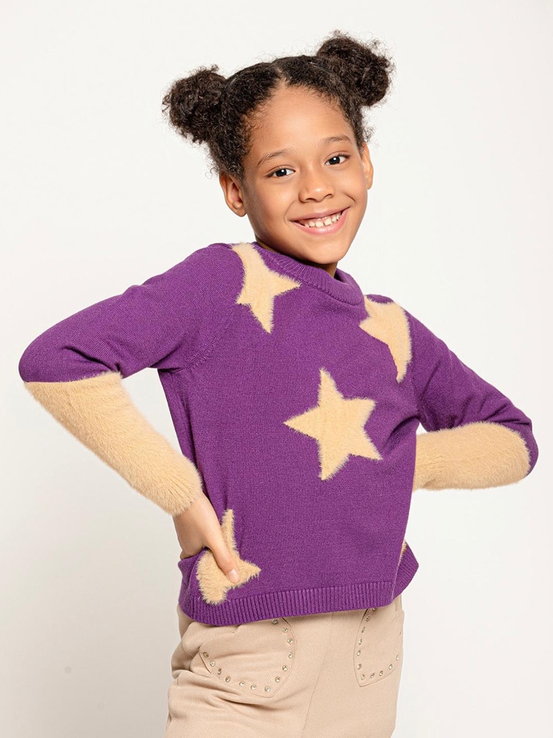 

One Friday Girls Conversational Printed Pullover Sweater, Purple