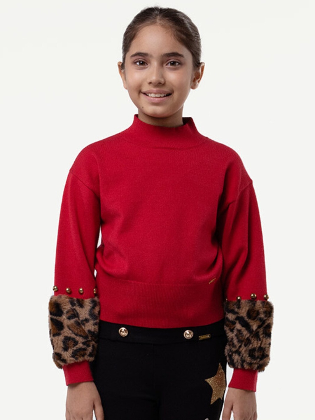 

One Friday Girls Round Neck Pullover With Fuzzy Detail, Red