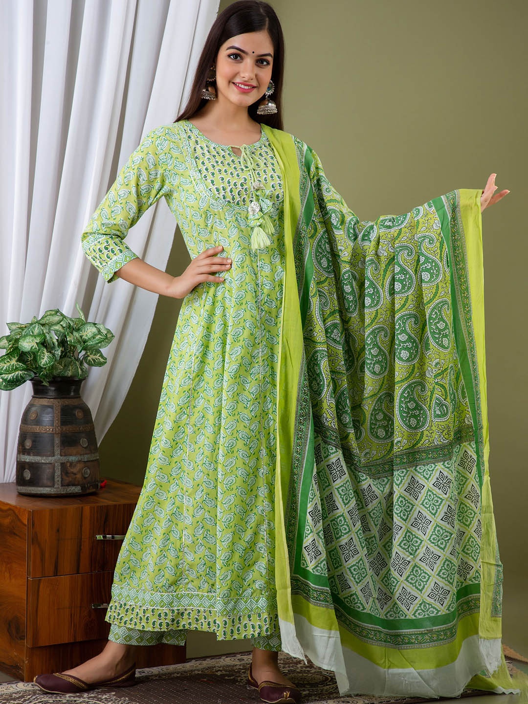 

KALINI Paisley Printed Pure Cotton Anarkali Kurta & Trousers With Dupatta, Green
