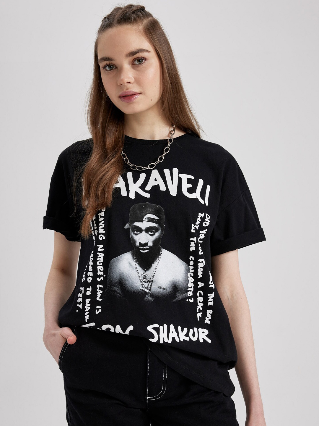 

DeFacto Graphic Printed Drop Shoulder Sleeves Pure Cotton T-shirt, Black