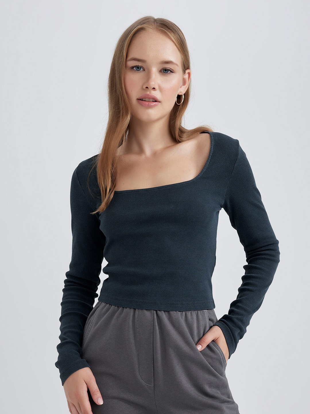 

DeFacto Square Neck Ribbed Top, Teal