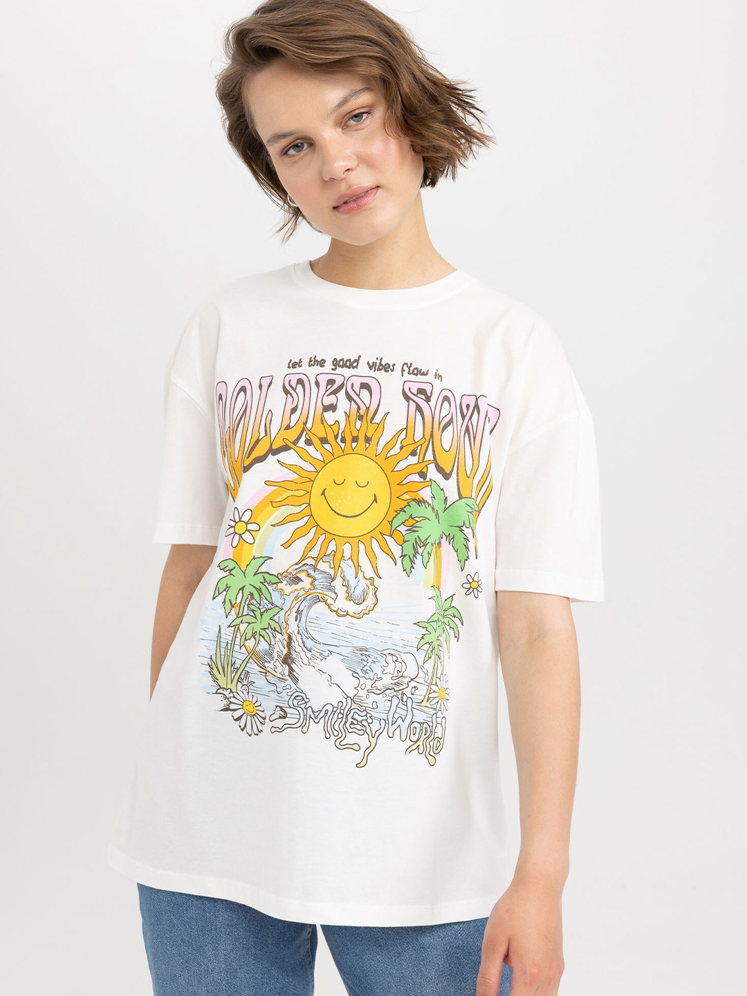 

DeFacto Graphic Printed Drop Shoulder Sleeves Pure Cotton T-shirt, White