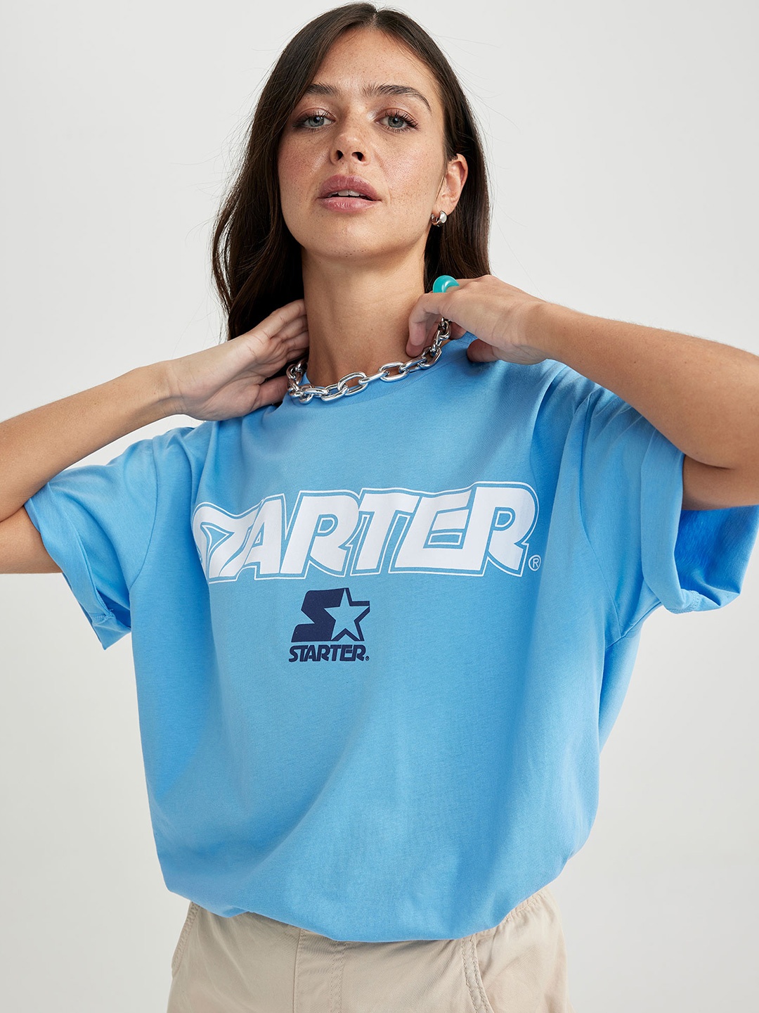 

DeFacto Typography Printed Drop-Shoulder Sleeves Pure Cotton Longline T-Shirt, Blue