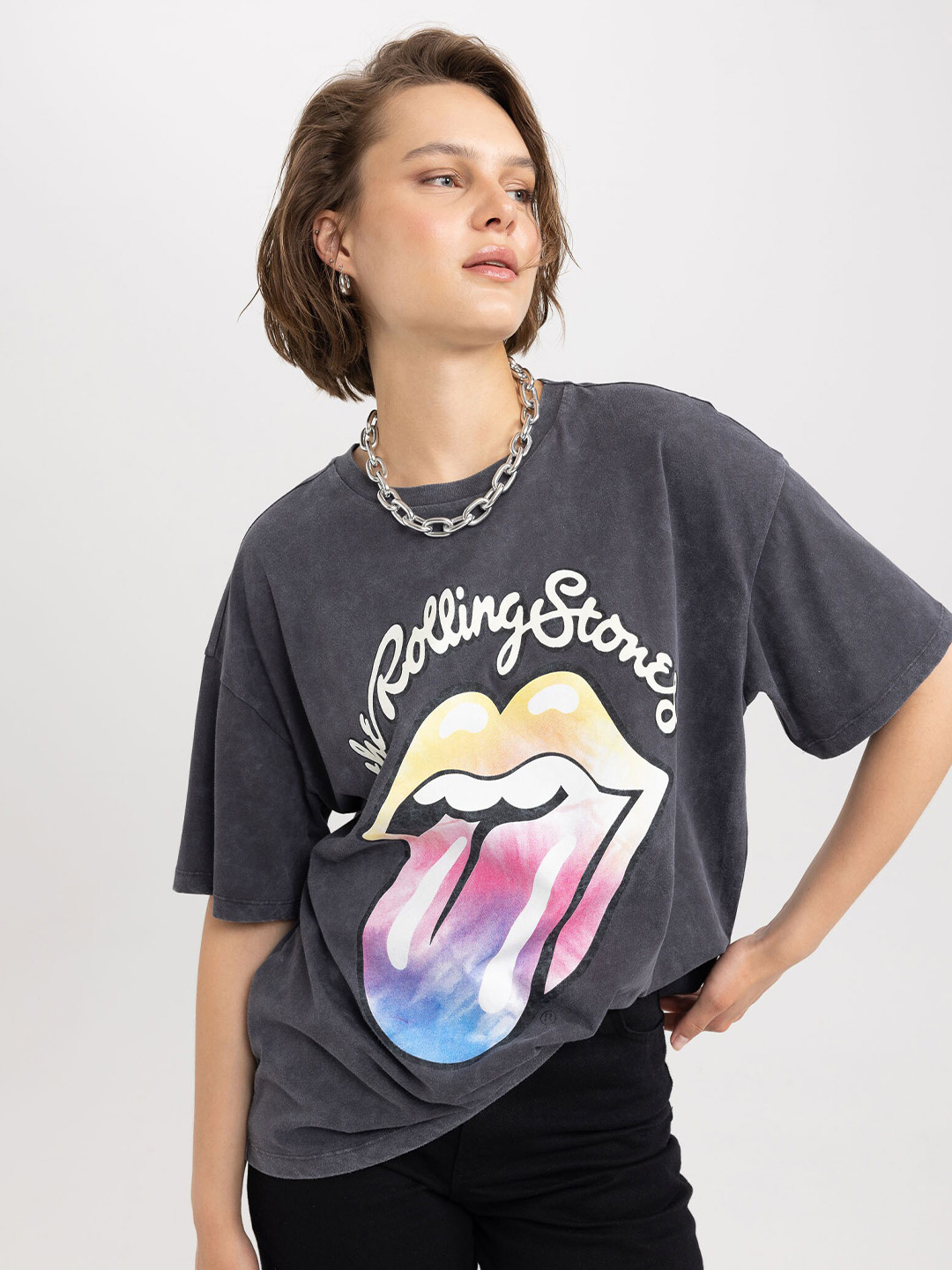 

DeFacto Graphic Printed Drop Shoulder Sleeves Pure Cotton T-shirt, Grey