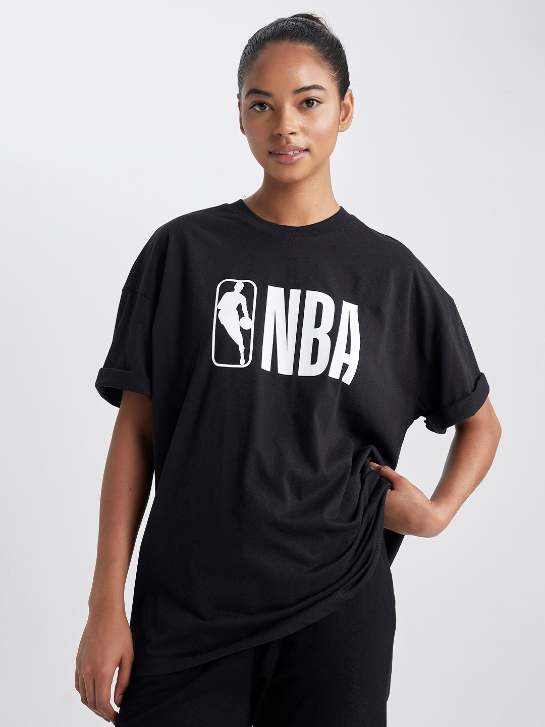 

DeFacto Typography Printed Drop Shoulder Sleeves Pure Cotton T-shirt, Black