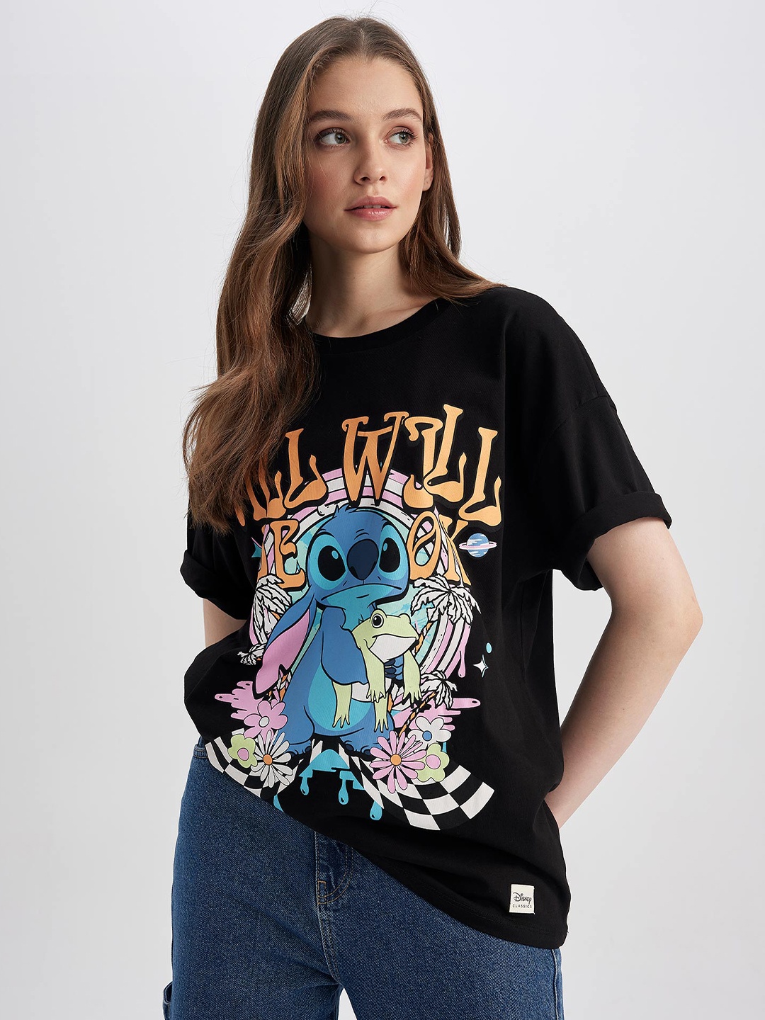 

DeFacto Graphic Printed Drop Shoulder Sleeves Pure Cotton T-shirt, Black
