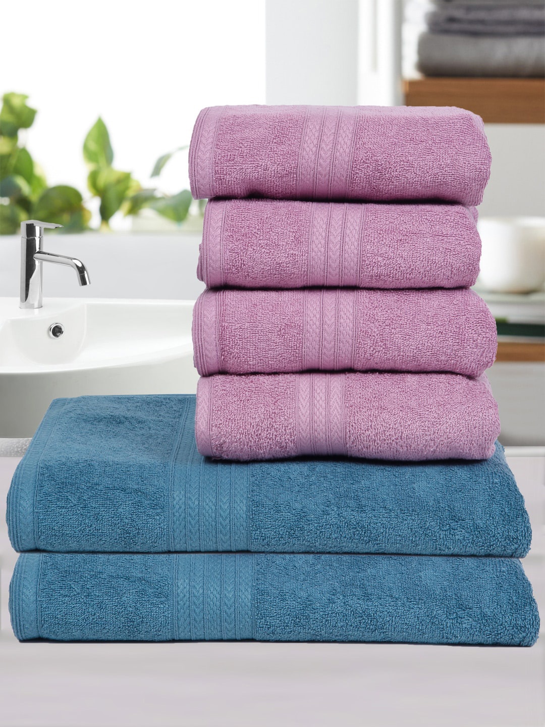 

Naksh Teal Green & Lavender 6 Pieces Cotton 450 GSM Towel Set