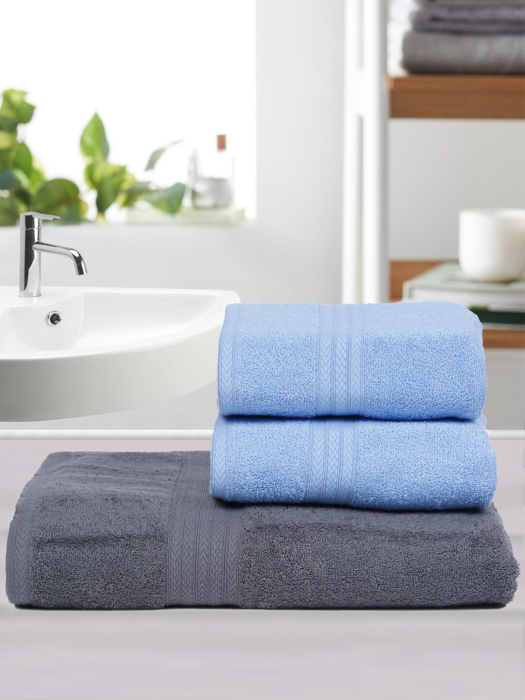 

Naksh Grey & Blue 3 Pieces Cotton 450 GSM Towel Set