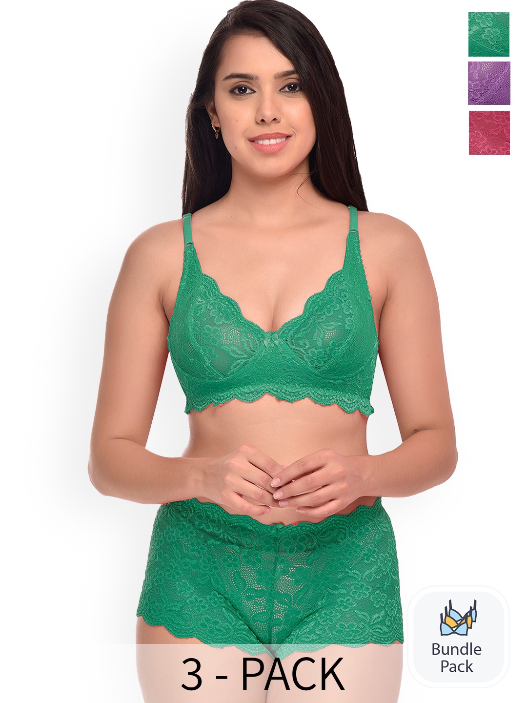

PIBU Pack Of 3 Self Design Lingerie Set, Green