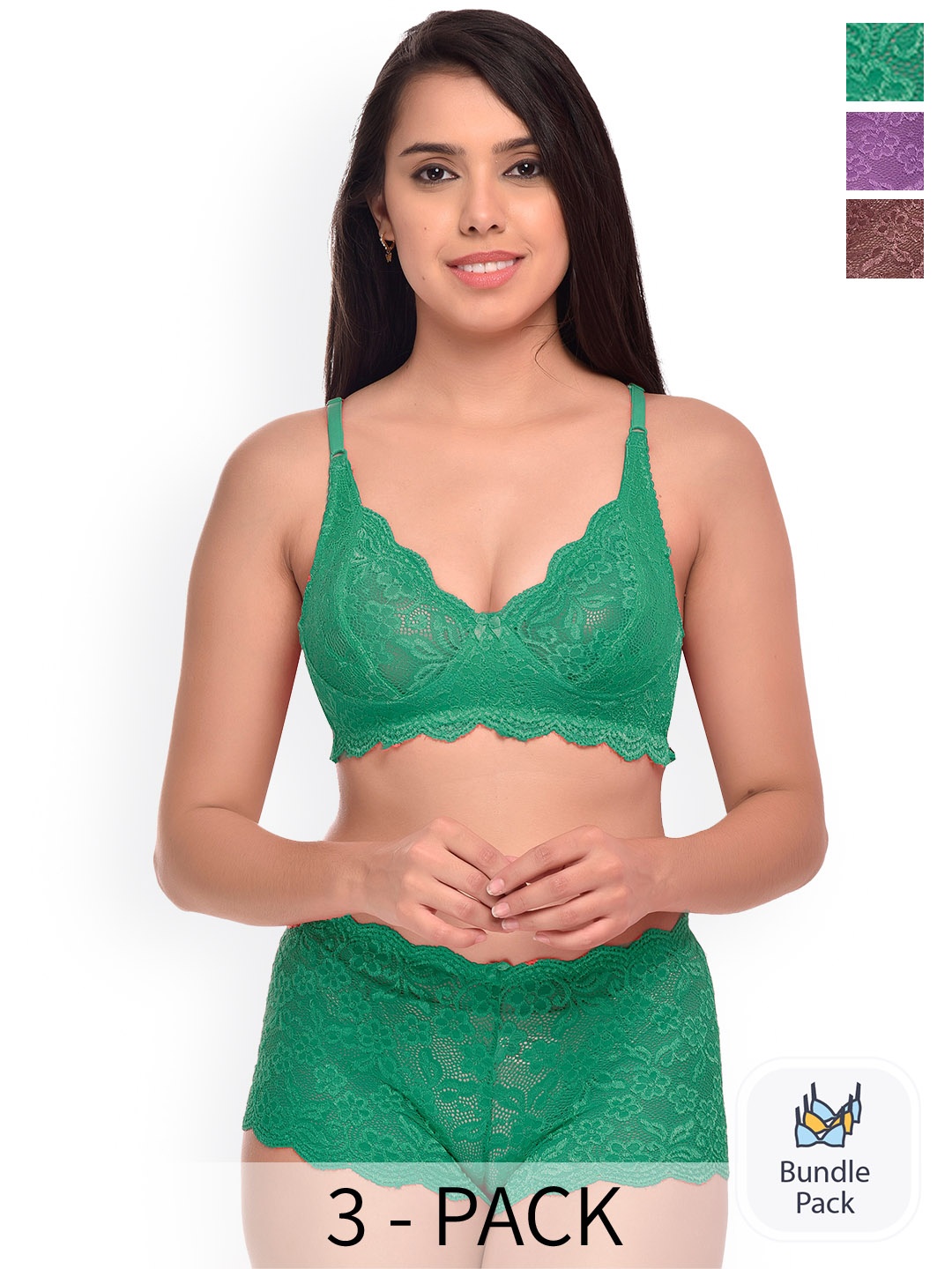 PIBU Pack Of 3 Self Design Lingerie Set, Green