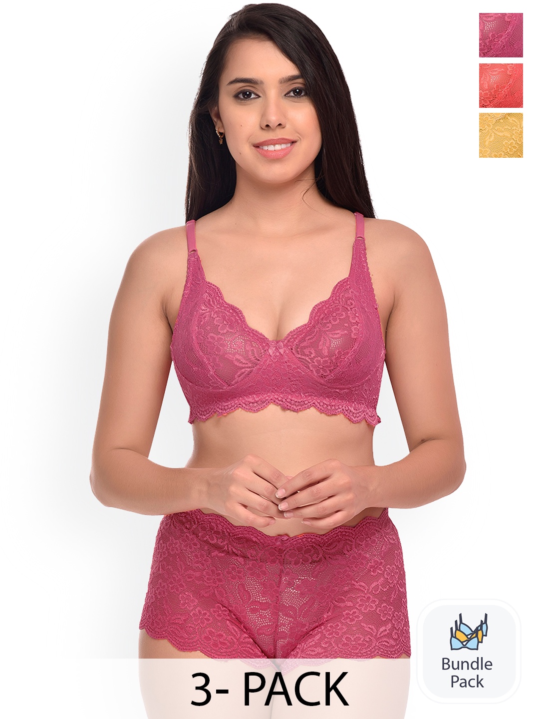 

PIBU Pack Of 3 Self Design Lingerie Set, Red