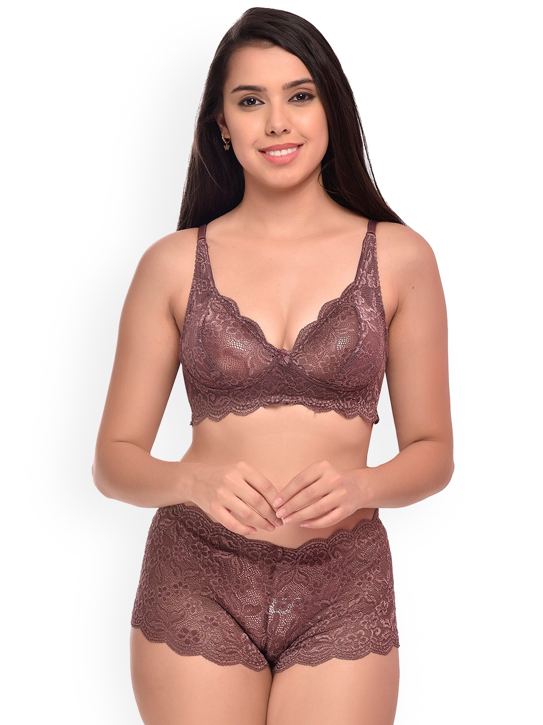 PIBU Self Design Non Padded Lingerie Set, Maroon