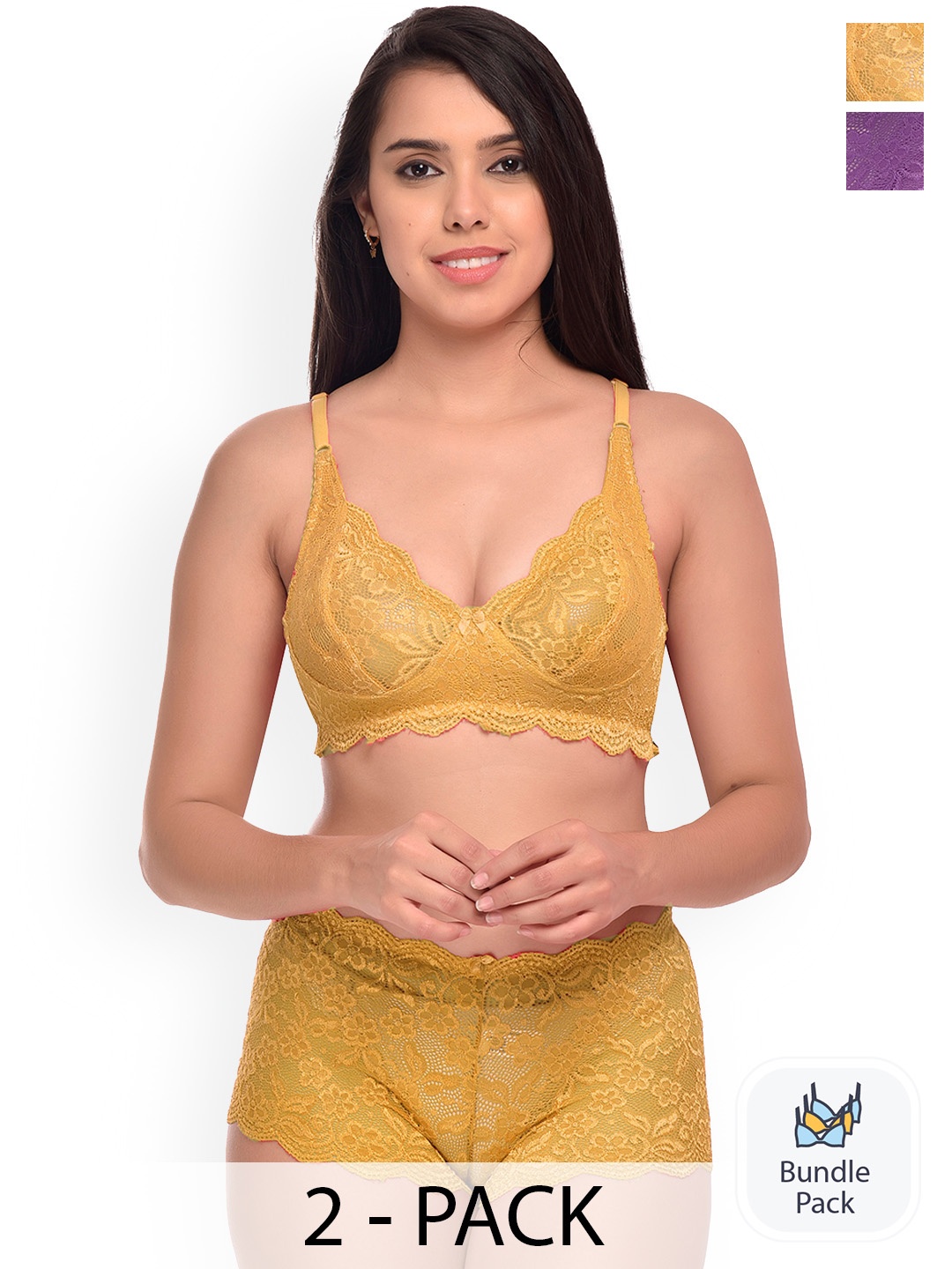 PIBU Pack Of 2 Self Design Lingerie Set, Purple