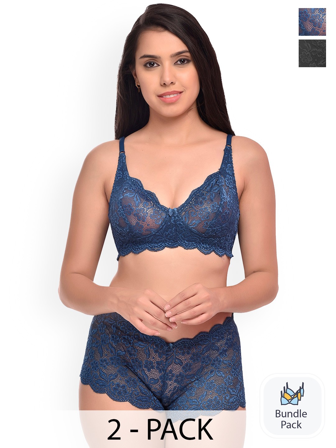 

PIBU Pack Of 2 Self Design Lingerie Set, Black