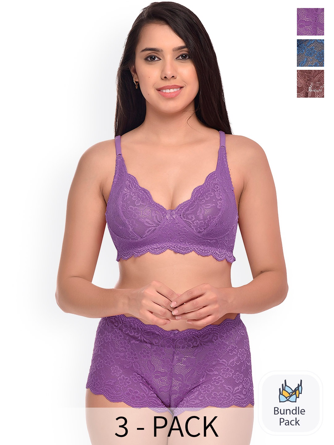 

PIBU Pack Of 3 Self Design Lingerie Set, Blue