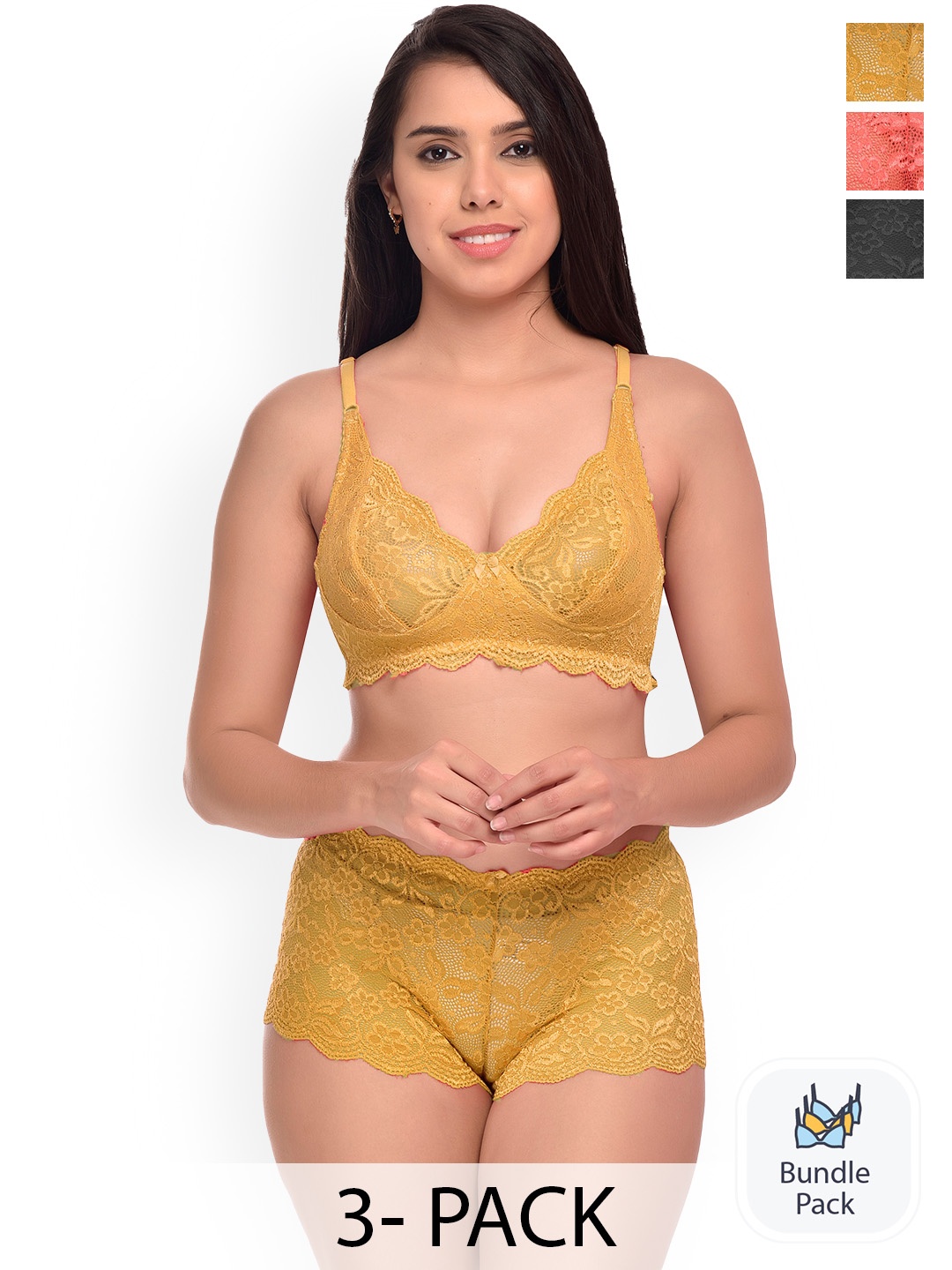 PIBU Pack Of 3 Self Design Lingerie Set, Red