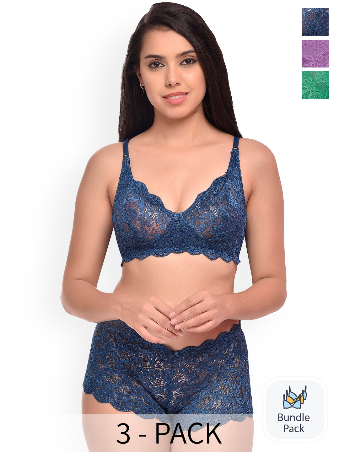 

PIBU Pack Of 3 Self Design Lingerie Set, Green