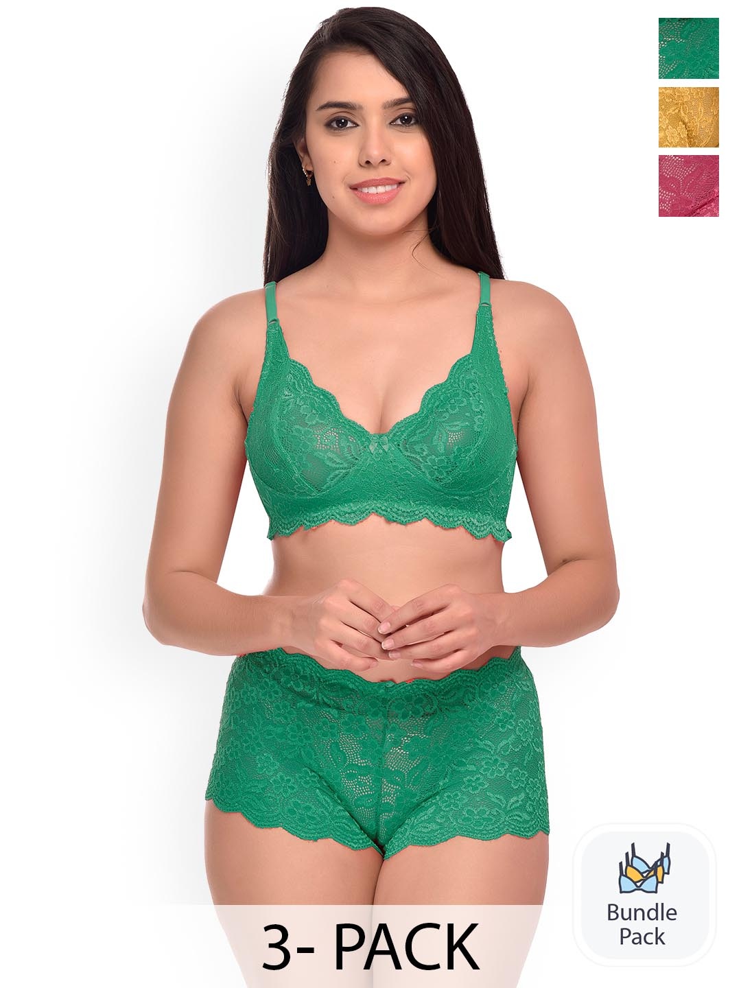 

PIBU Pack Of 3 Self Design Lingerie Set, Green