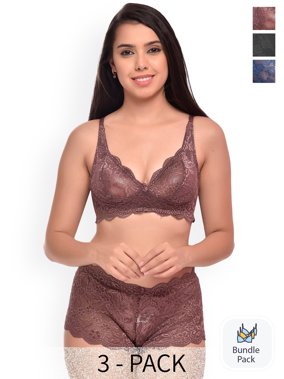PIBU Pack Of 3 Self Design Lingerie Set, Black