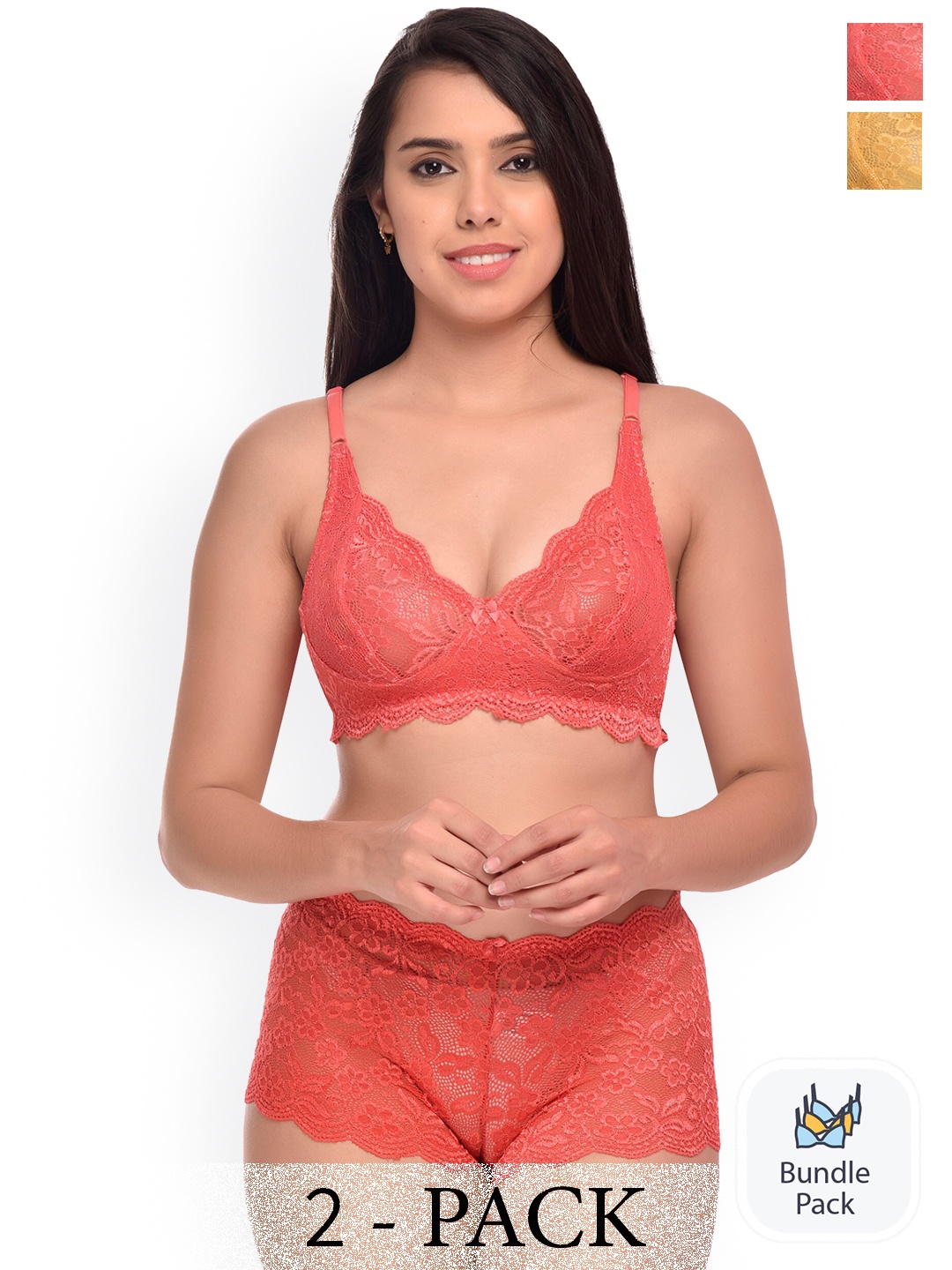 PIBU Pack Of 2 Self Design Lingerie Set, Red