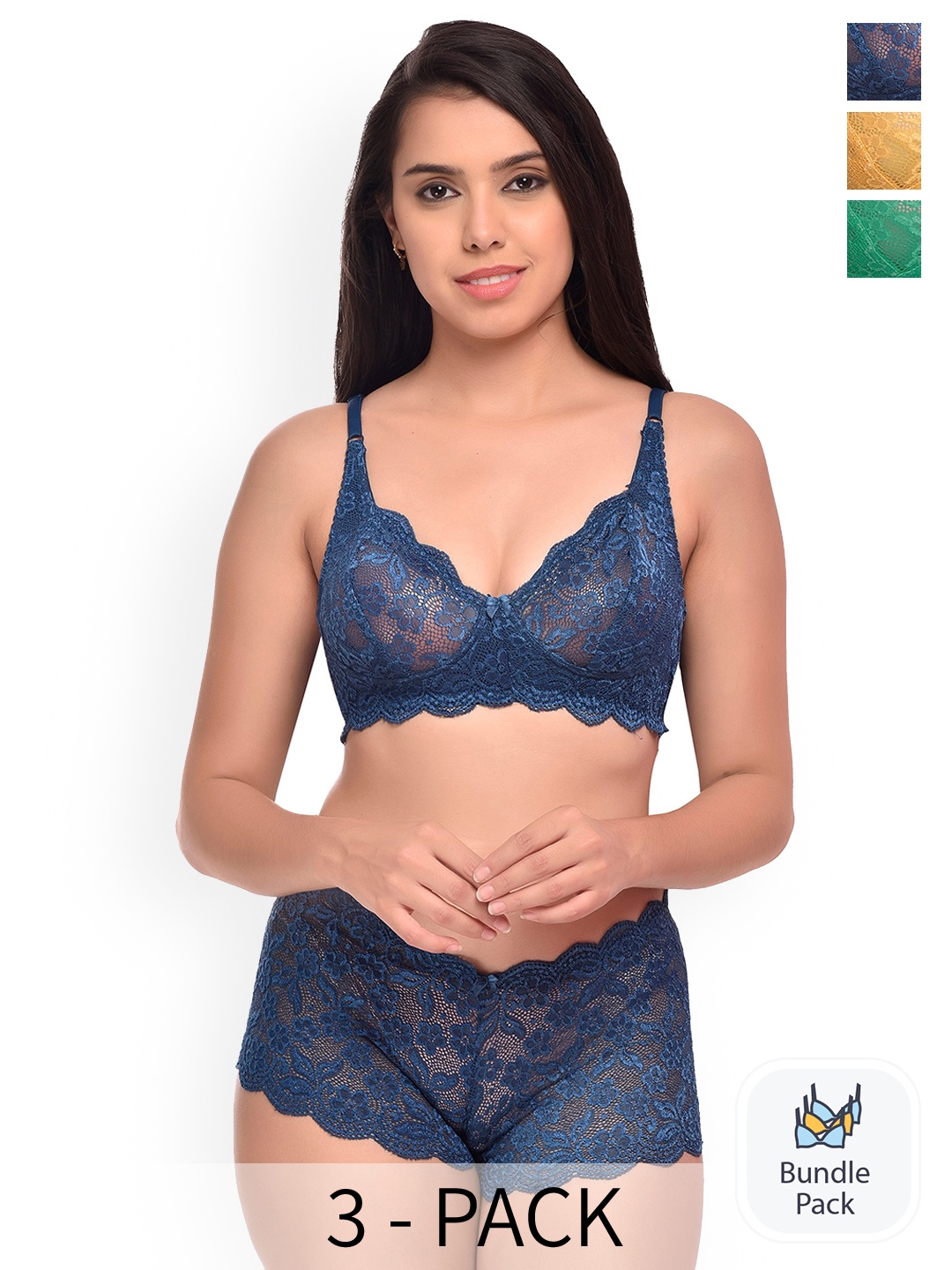 

Aamarsh Pack of 3 Self Designed Laced Lingerie Set, Yellow
