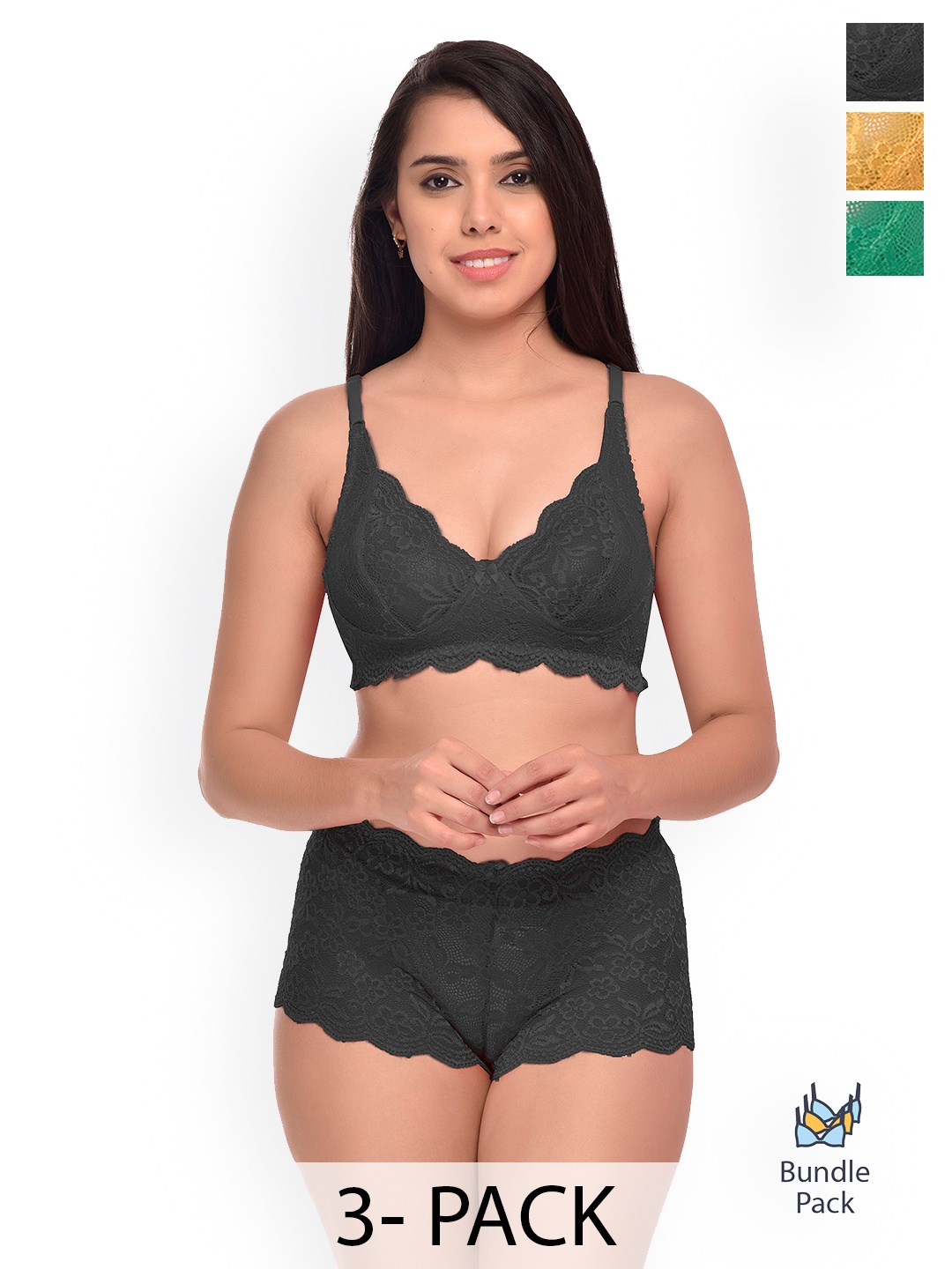 

Aamarsh Pack of 3 Self Designed Laced Lingerie Set, Black