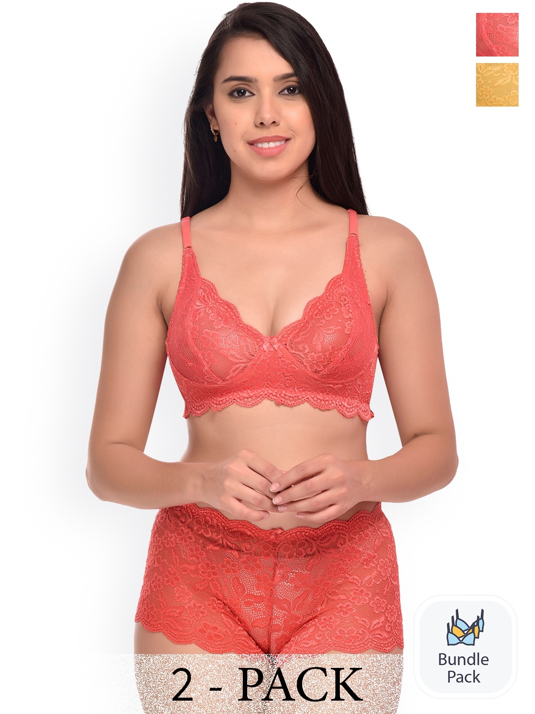 

Aamarsh Pack of 2 Self Designed Laced Lingerie Set, Red