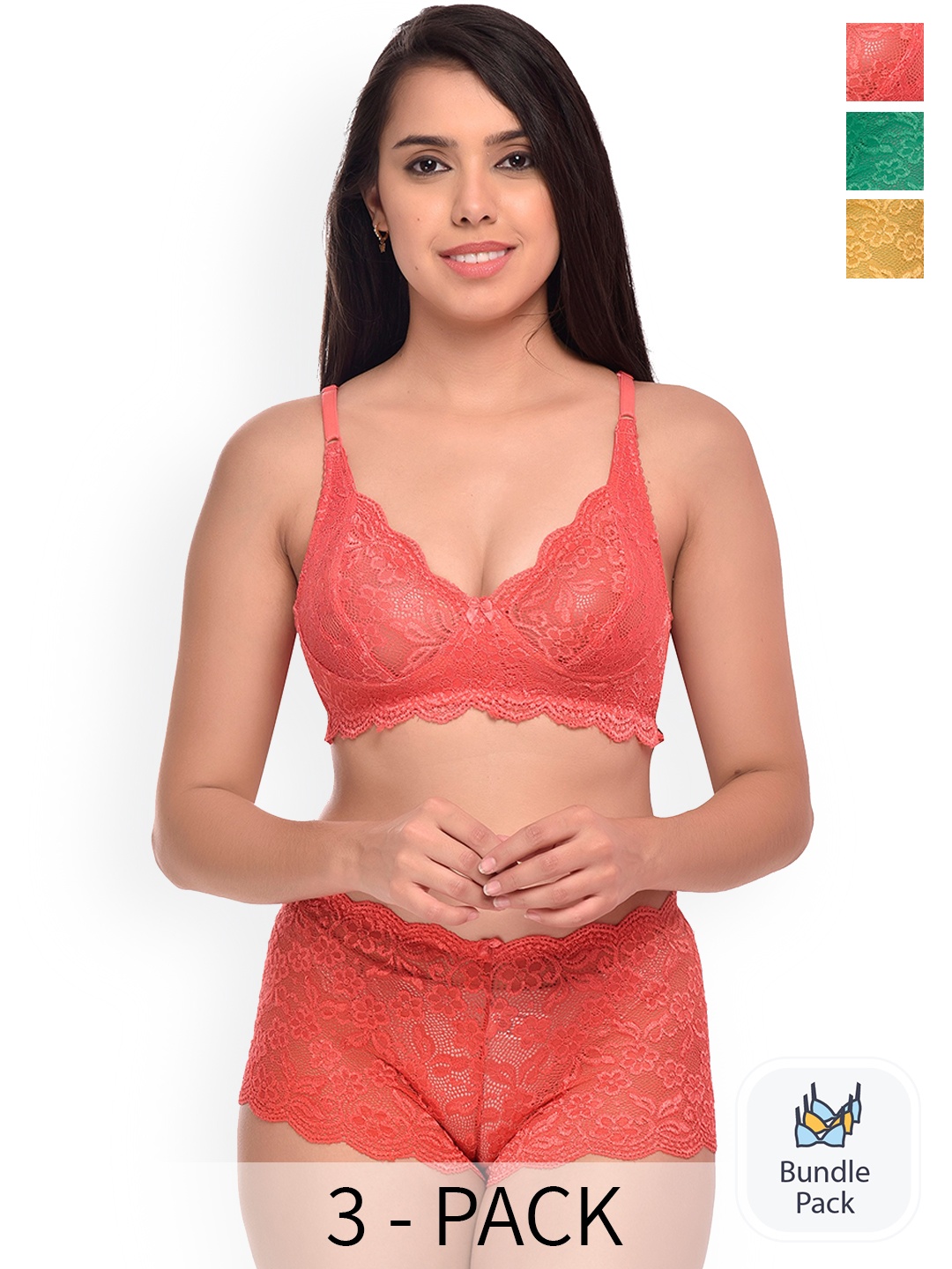 Aamarsh Pack of 3 Self Designed Laced Lingerie Set, Red