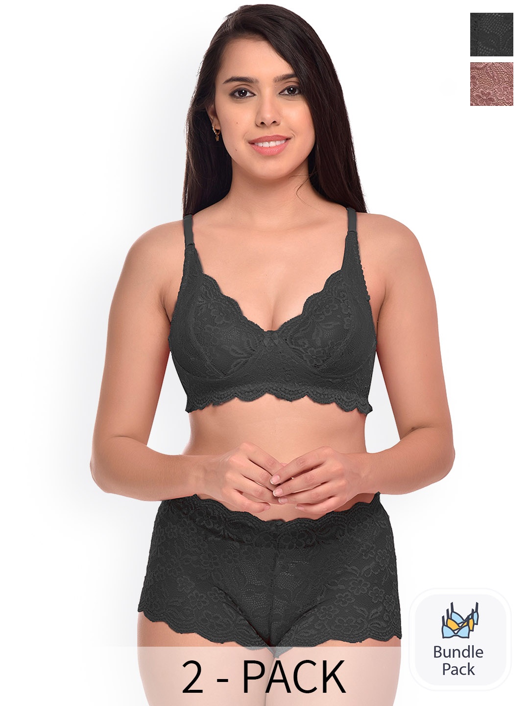 

Aamarsh Pack Of 2 Self-Design Lingerie Set, Black