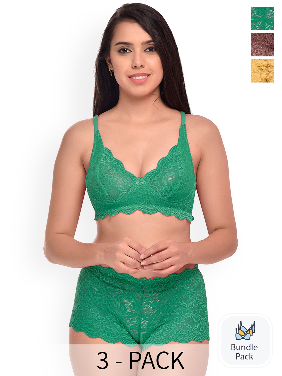 

Aamarsh Pack of 3 Self Designed Laced Lingerie Set, Green