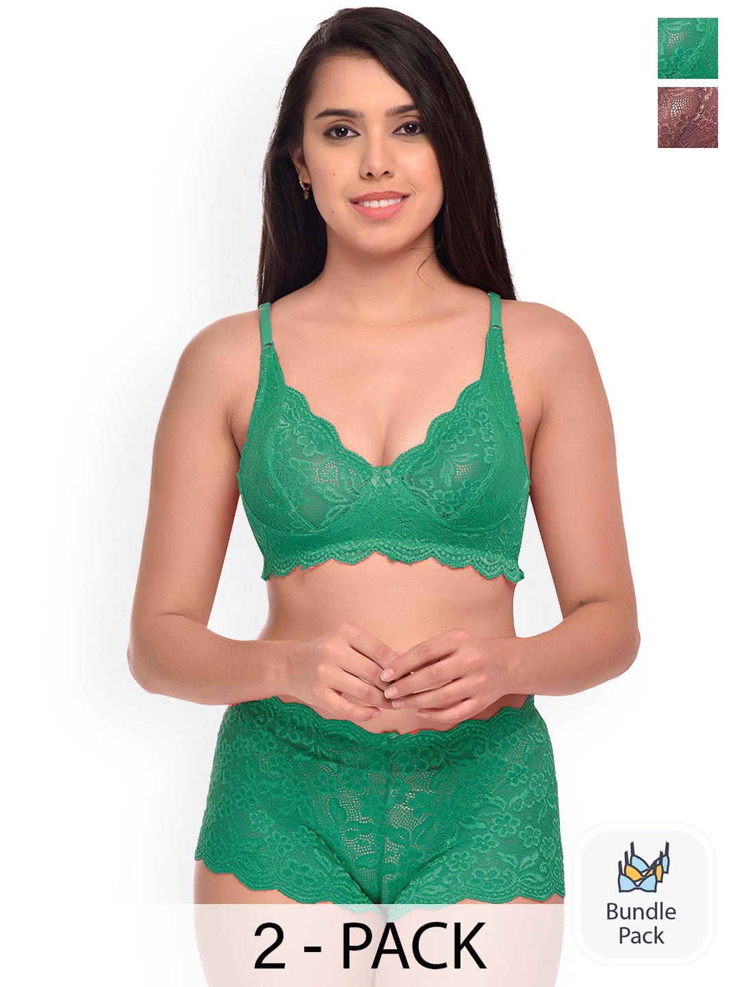 

Aamarsh Pack of 2 Self-Designed Laced Lingerie Set, Green