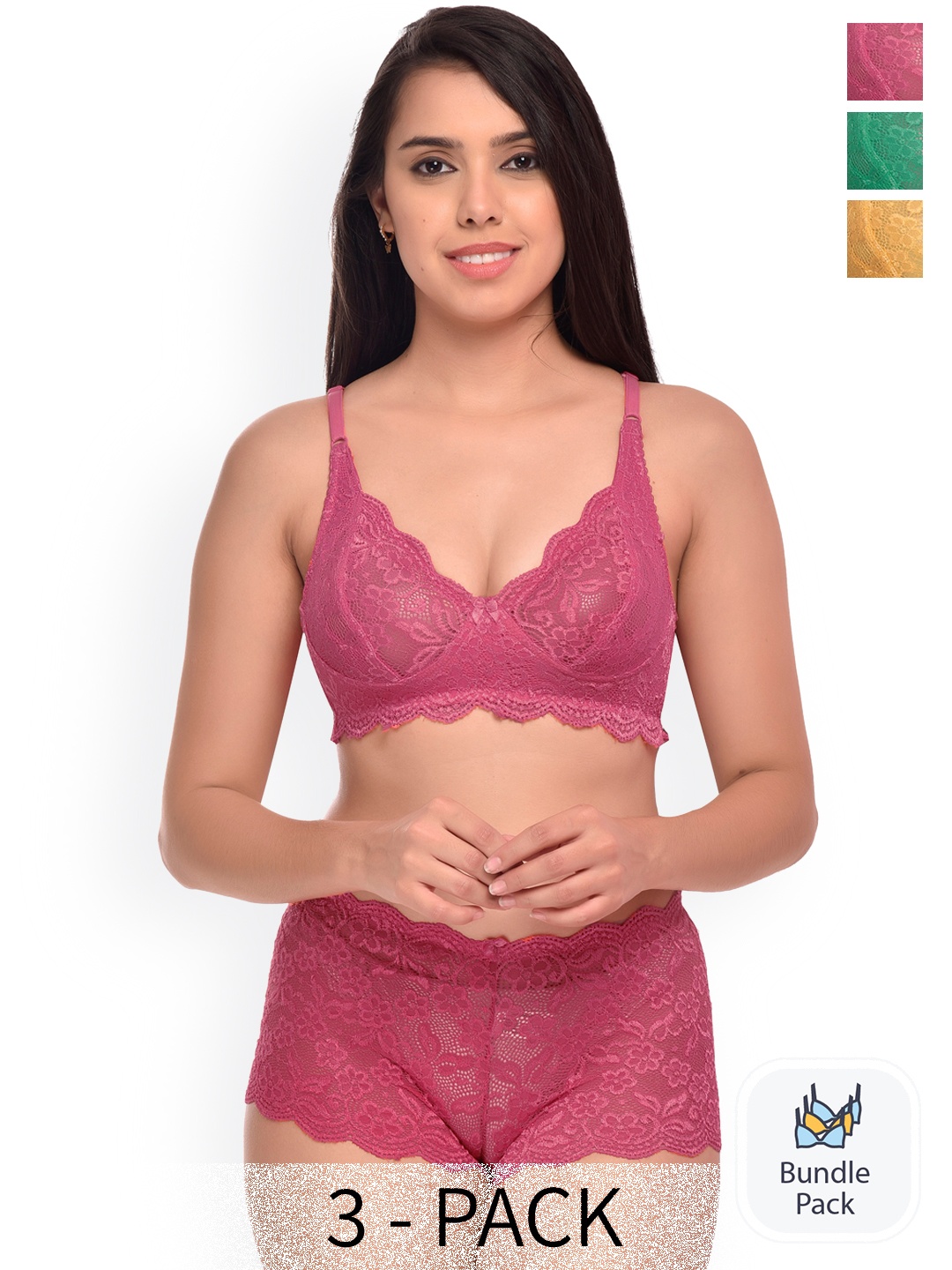 

Aamarsh Pack Of 3 Laced Lingerie Set, Yellow