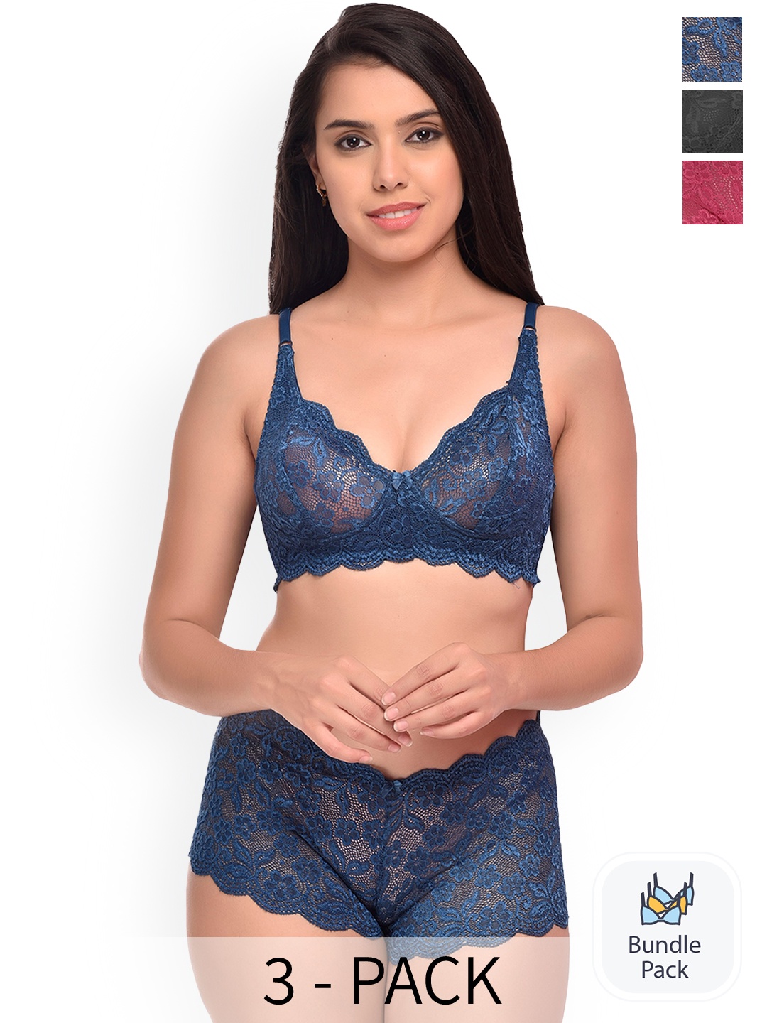 

Aamarsh Pack Of 3 Self-Design Lingerie Set, Blue