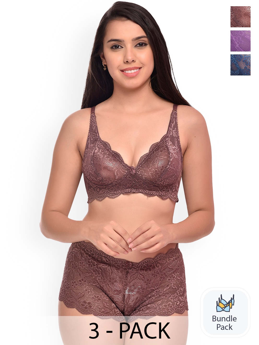 Aamarsh Pack Of 3 Self-Design Lingerie Set, Purple